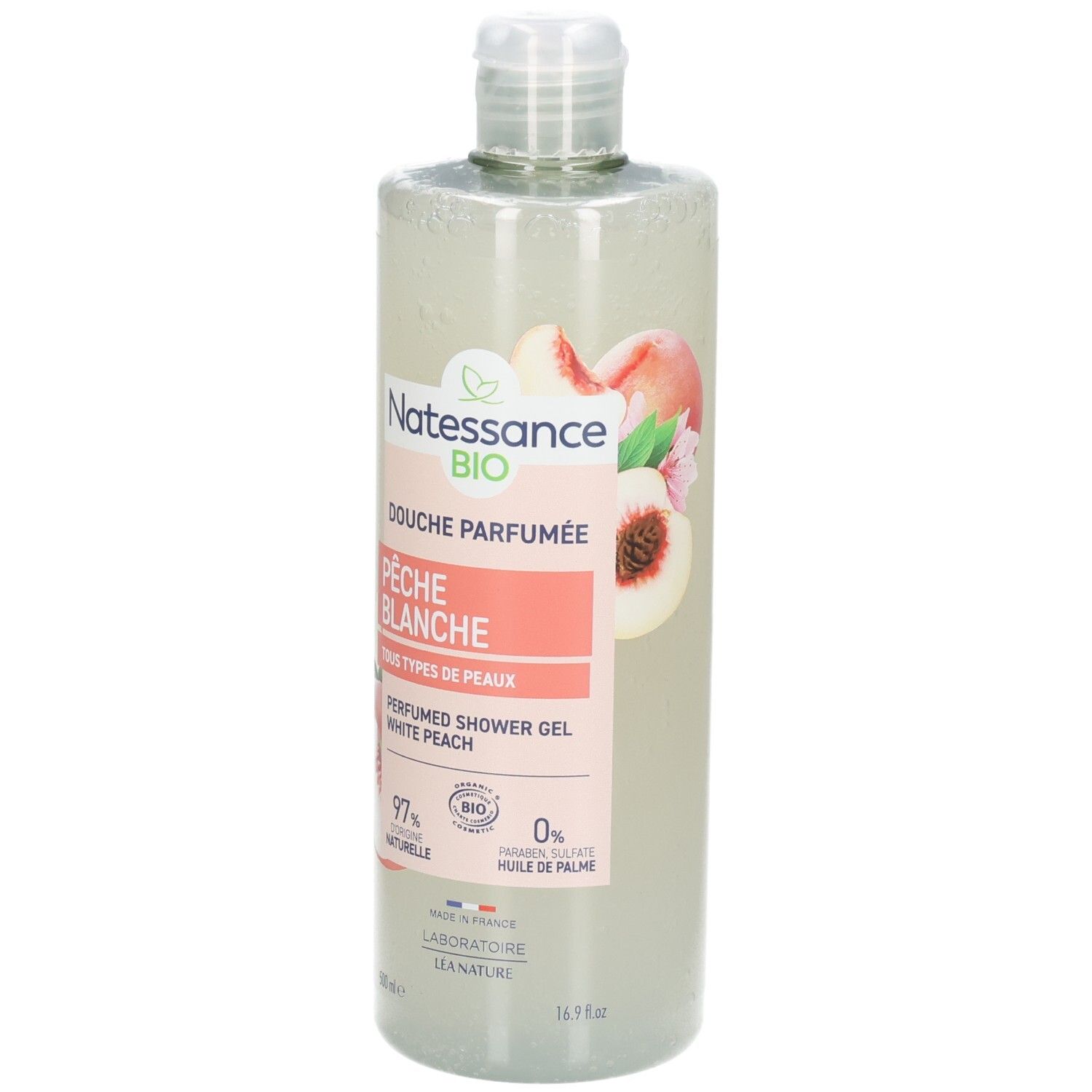 Natessance Duschgel Weißer Pfirsich: Flasche mit Pfirsich-Motiv und Etikett. 500ml.