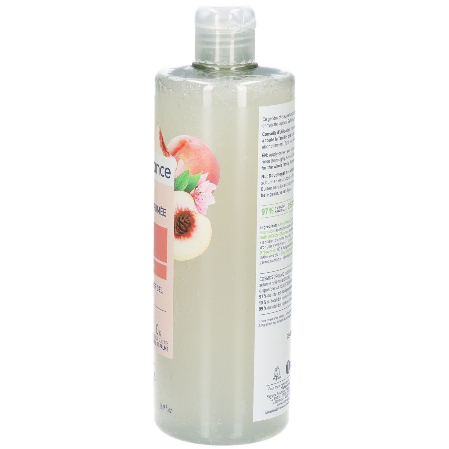 Natessance Duschgel Weißer Pfirsich: Seitenansicht der Flasche mit Pfirsich-Motiv und Etikett.