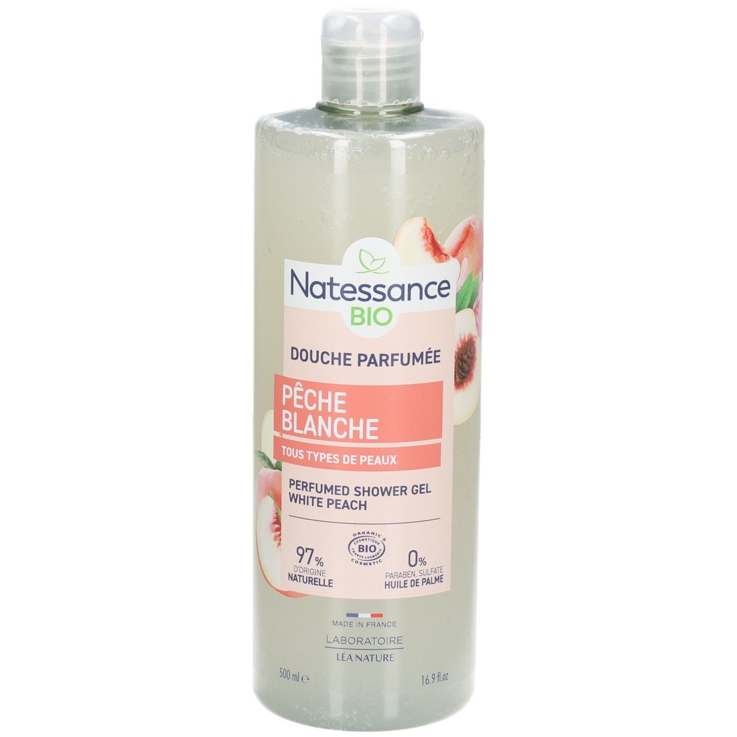 Natessance Duschgel Weißer Pfirsich: Frontansicht der Flasche mit Pfirsich-Motiv. 500ml.