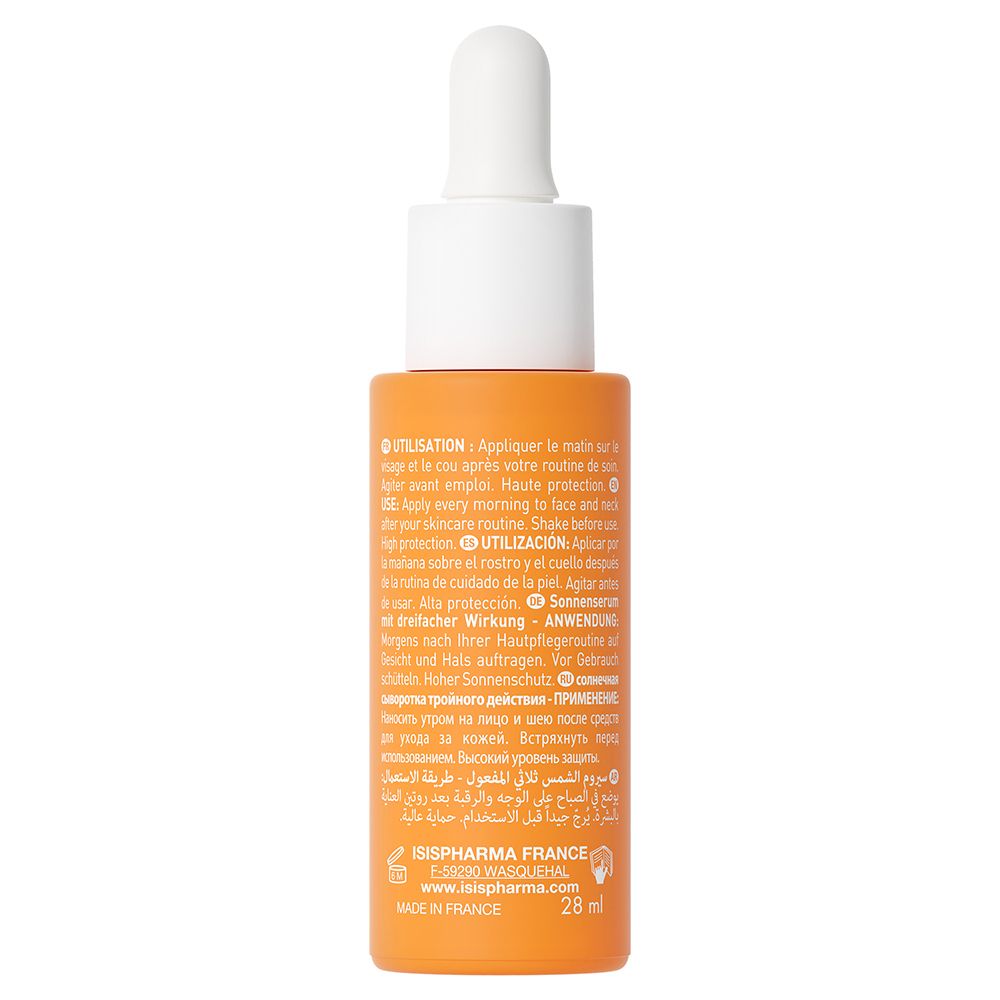 Rückseite der orangefarbenen Flasche. Text in mehreren Sprachen. ISISPHARMA, 28 ml.