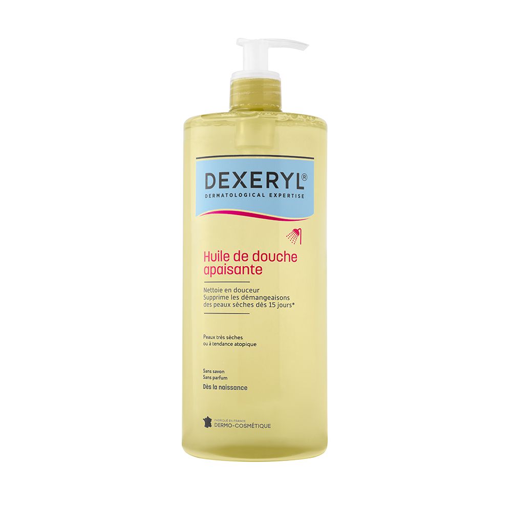 DEXERYL huile de douche apaisante 1l, peaux très sèches ou à tendance atopique, sans savon, sans parfum. Dès la naissance.