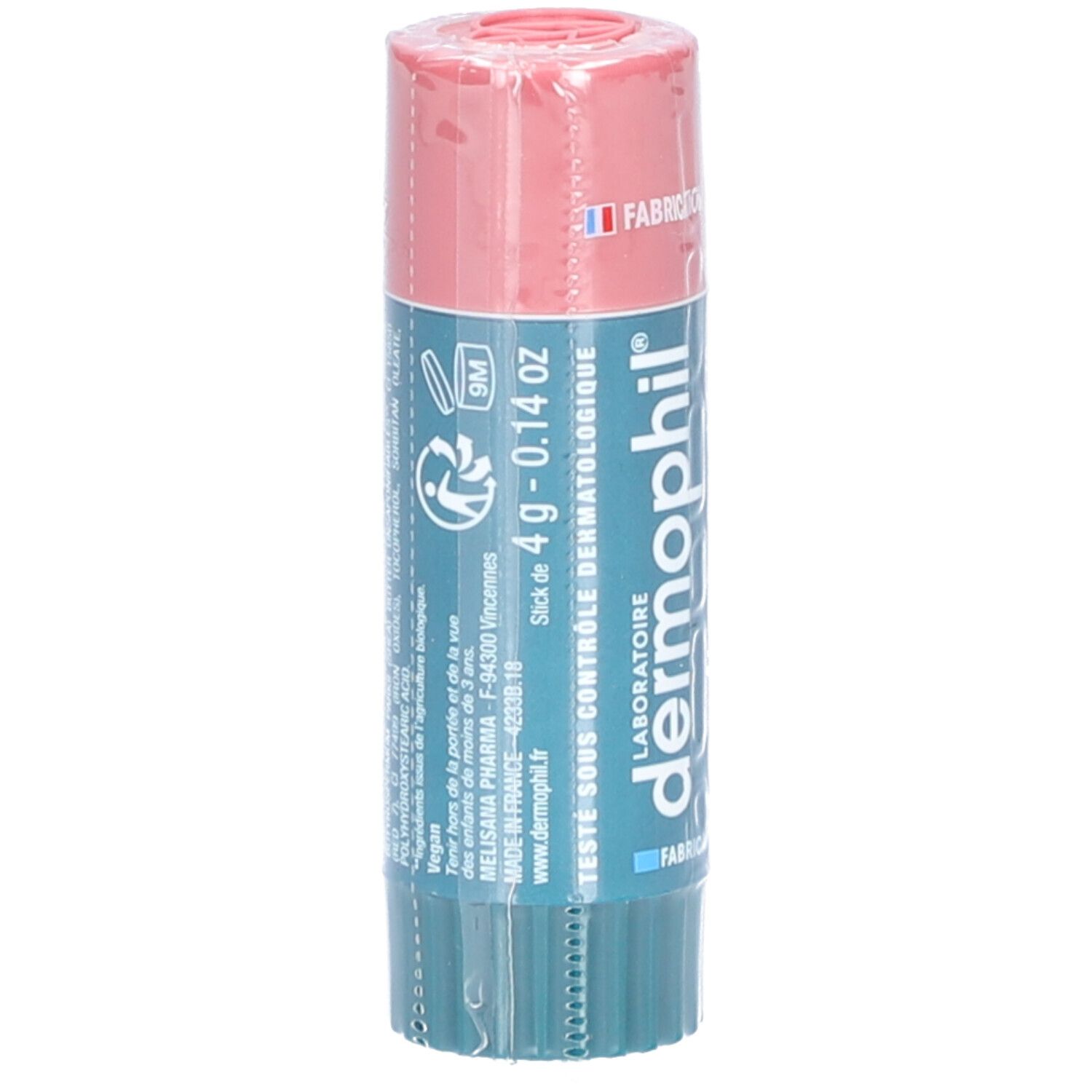 Stick lèvres rose et vert. Inscription: 4 g - 0.14 OZ, dermophil. Détails et logos.