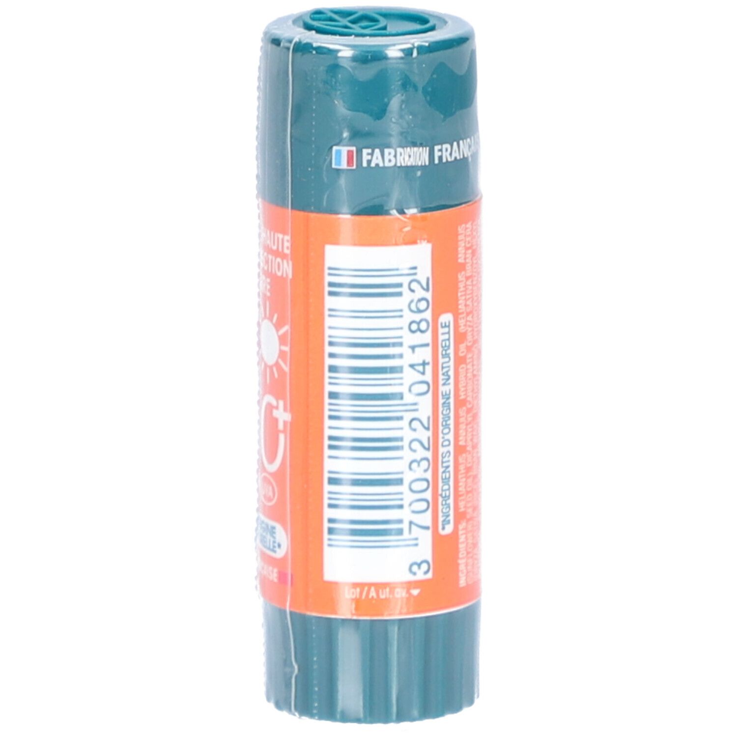 Stick cylindrique avec capuchon vert et bande orange. Dos avec ingrédients et code-barres.