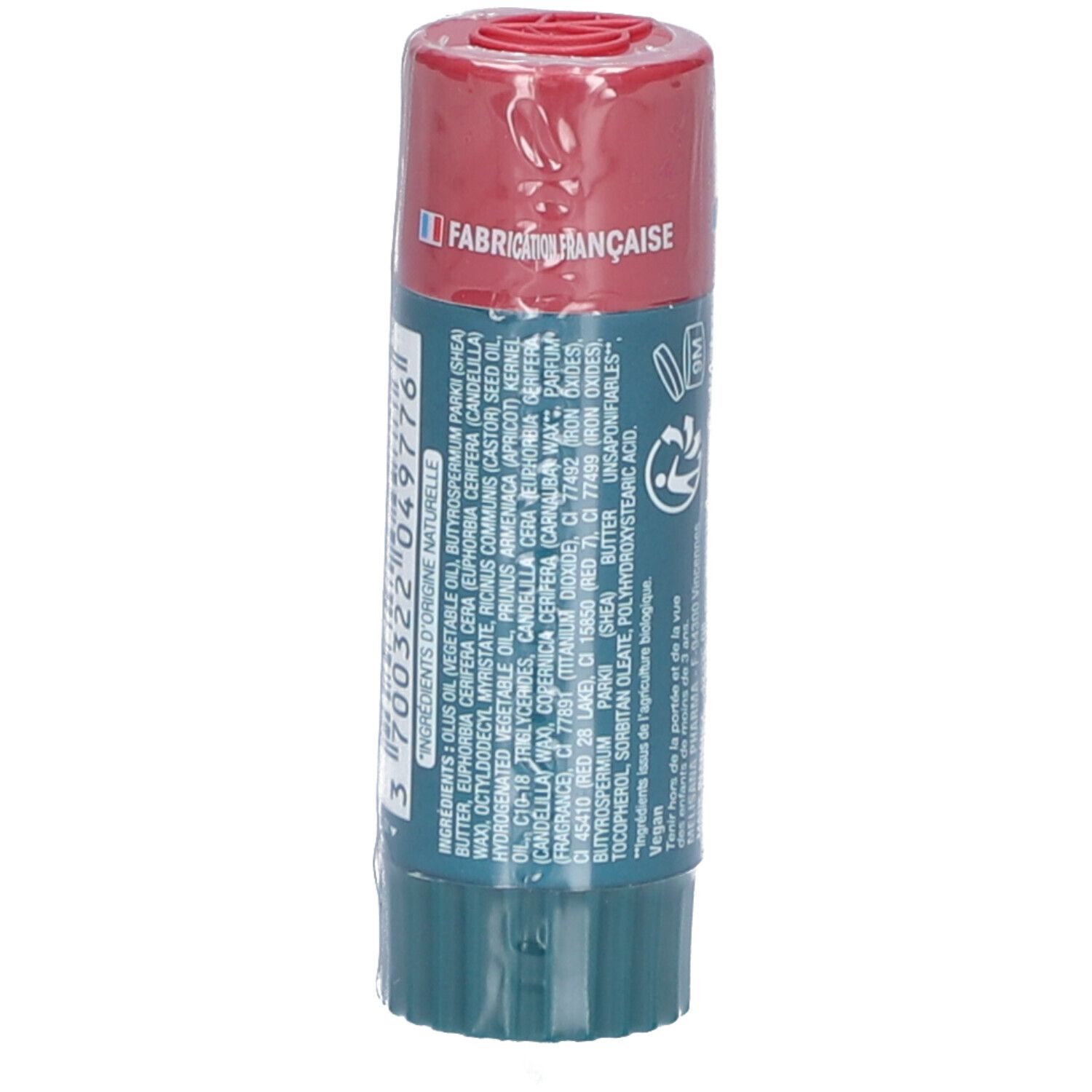 Stick lèvres avec bouchon rouge et base verte. Ingrédients imprimés. Fabrication française. Emballé dans une feuille transparente.