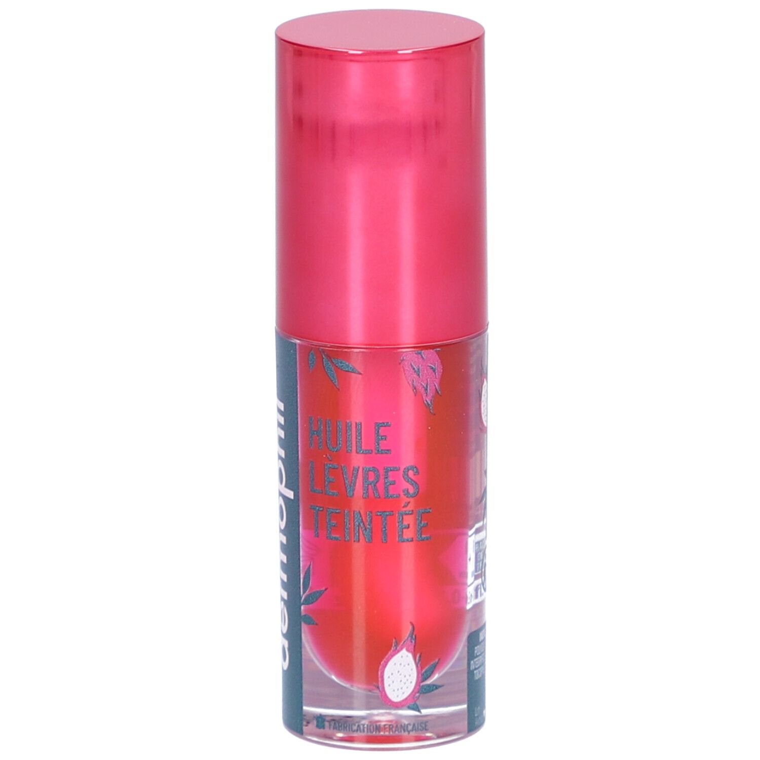 Flacon transparent avec bouchon rose. Inscription: dermophil, Huile Lèvres Teintée. Liquide rose visible.