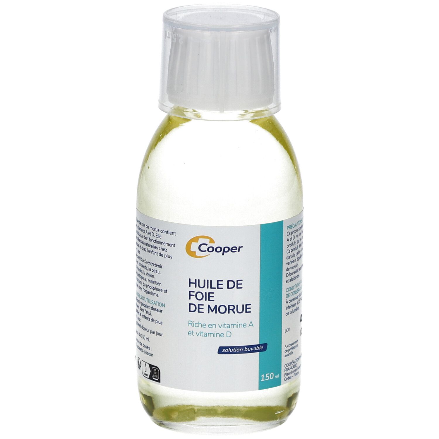 Flacon Cooper Huile de Foie de Morue, riche en vitamines A et D. Liquide clair. Bouchon blanc, étiquette bleu et blanc.