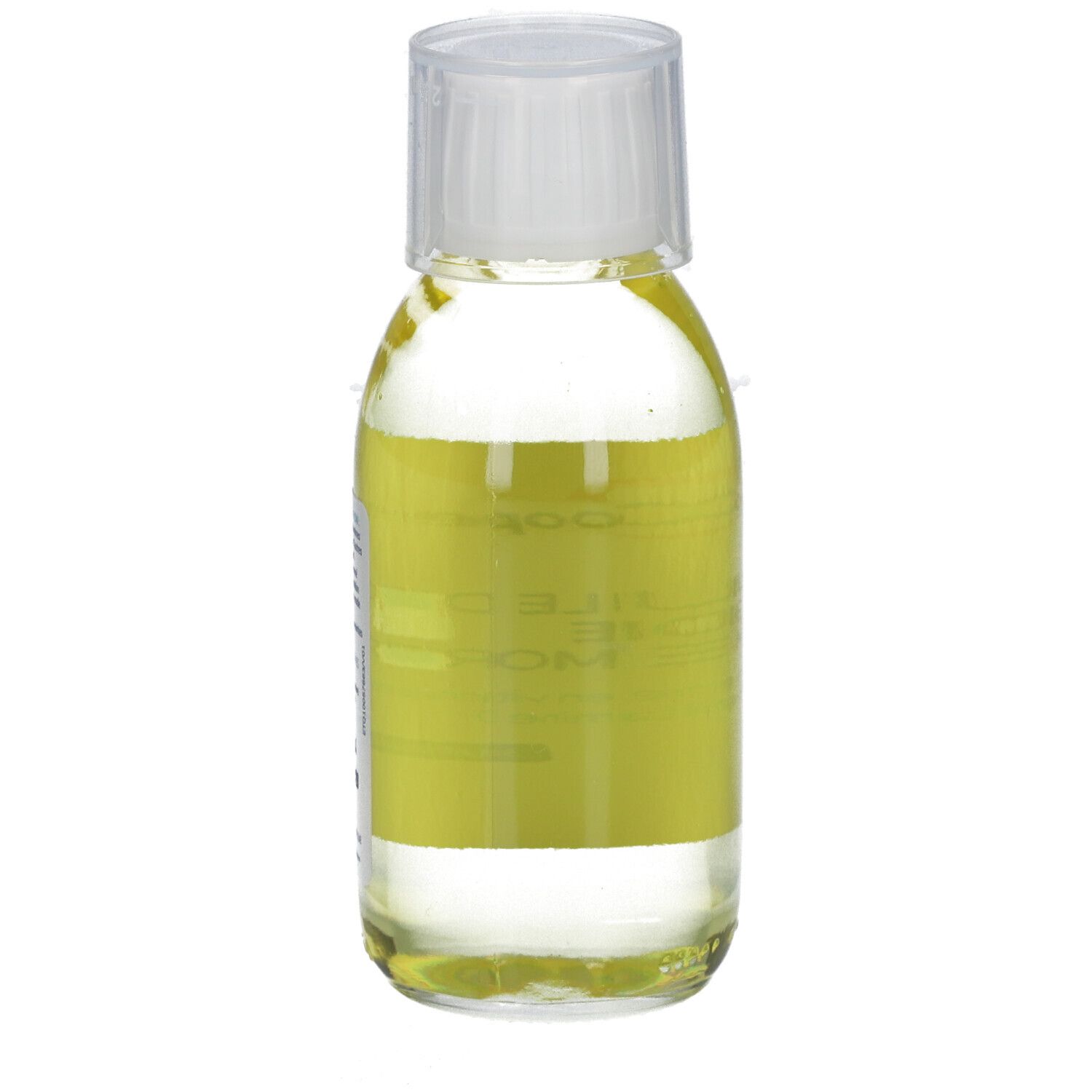 Vue arrière du flacon Cooper Huile de Foie de Morue. Fond jaune avec texte. Informations sur le produit.