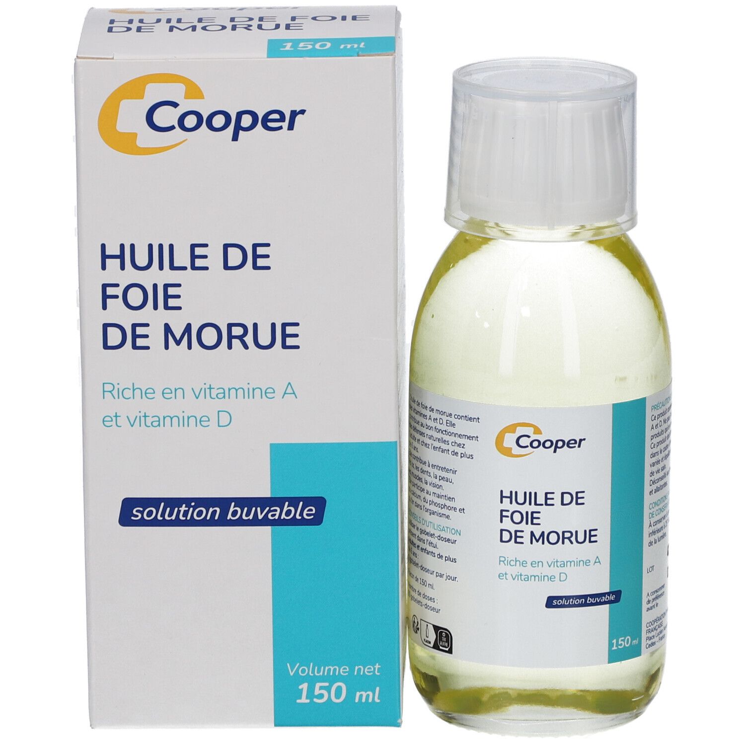 Flacon et boîte Cooper Huile de Foie de Morue. Boîte avec nom du produit et vitamines A et D. 150 ml.