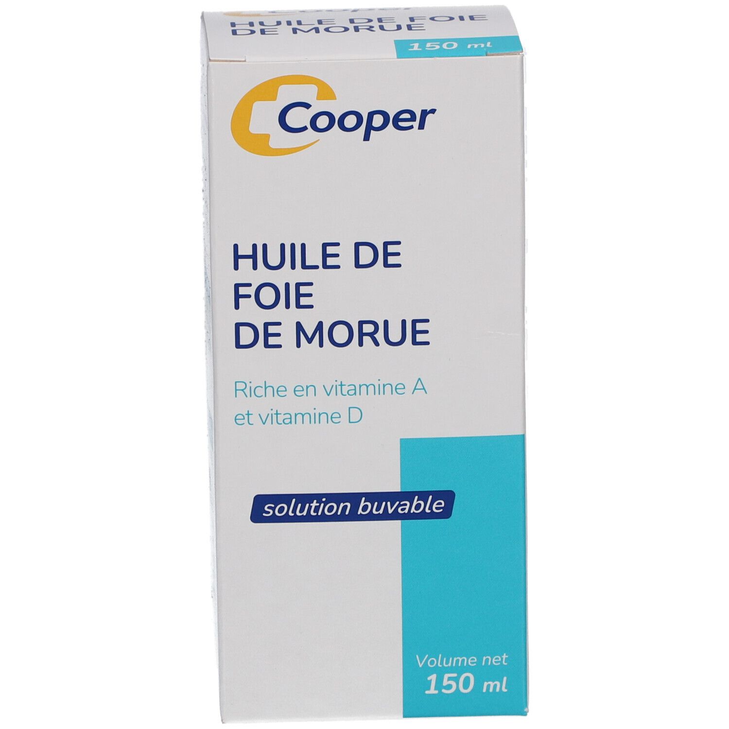 Boîte Cooper Huile de Foie de Morue. Nom du produit, vitamines A et D. 150 ml. Design bleu et blanc.