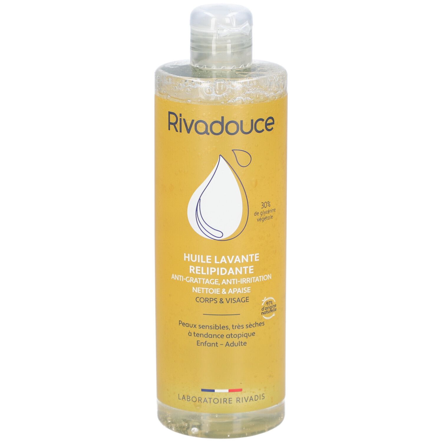 Flacon jaune avec bouchon blanc. Inscription: Rivadouce, Huile lavante relipidante, Anti-grattage, Corps & Visage. Pour peaux sensibles.