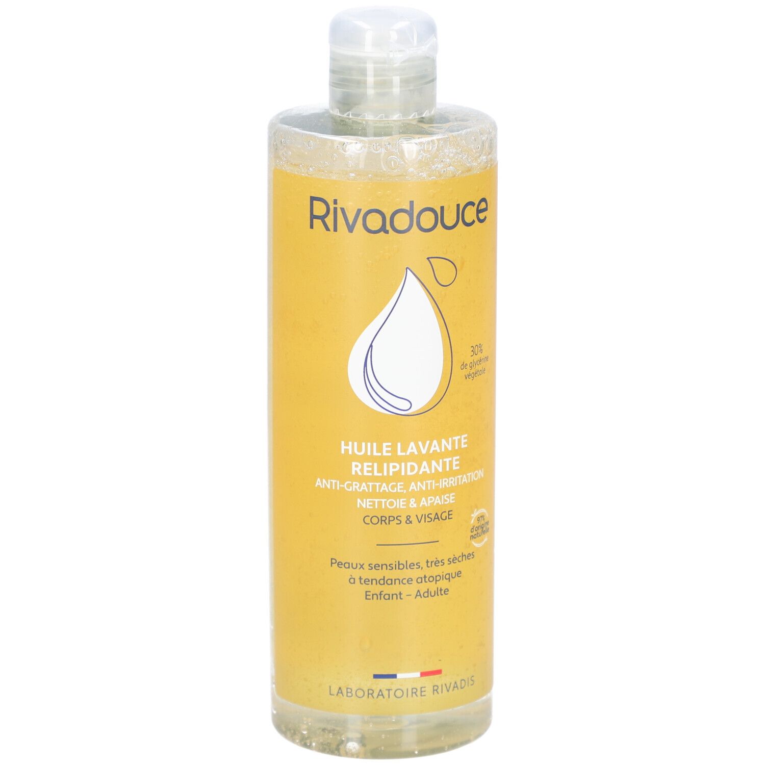 Flacon jaune avec bouchon blanc. Inscription: Rivadouce, Huile lavante relipidante, Anti-grattage, Corps & Visage. Pour peaux sensibles.