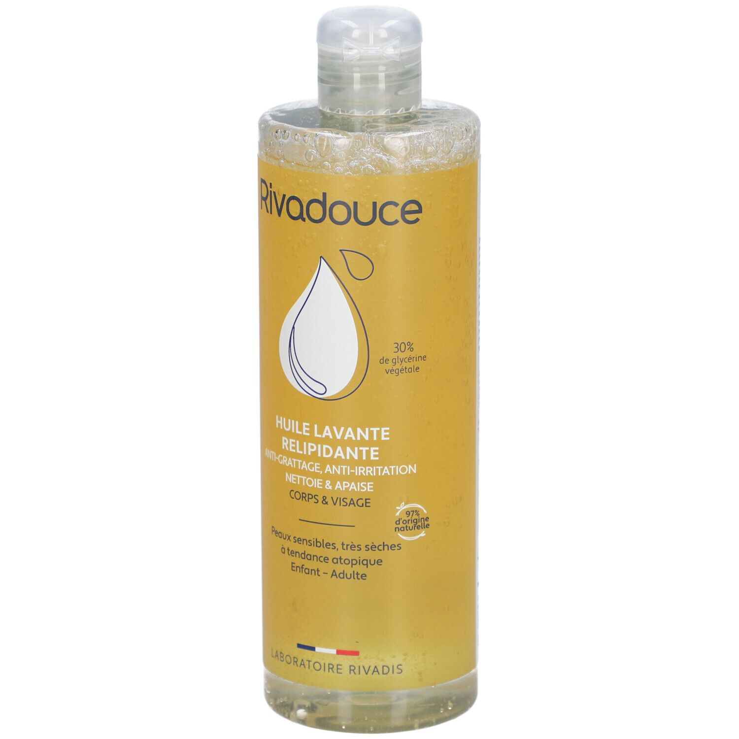 Flacon jaune avec bouchon blanc. Inscription: Rivadouce, Huile lavante relipidante, Anti-grattage, Corps & Visage. Pour peaux sensibles.