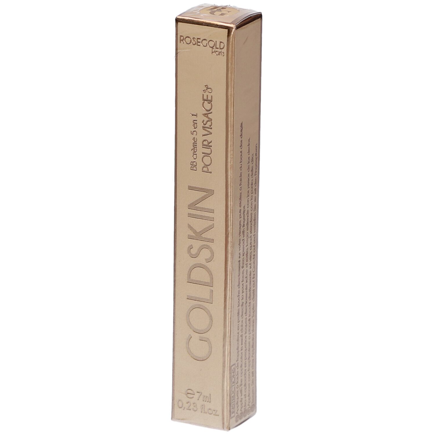 Goldskin-Verpackung, goldfarben, rechteckig. Aufschrift: ROSEGOLD, GOLDSKIN, BB crème 5 en 1 POUR VISAGE, 7ml.