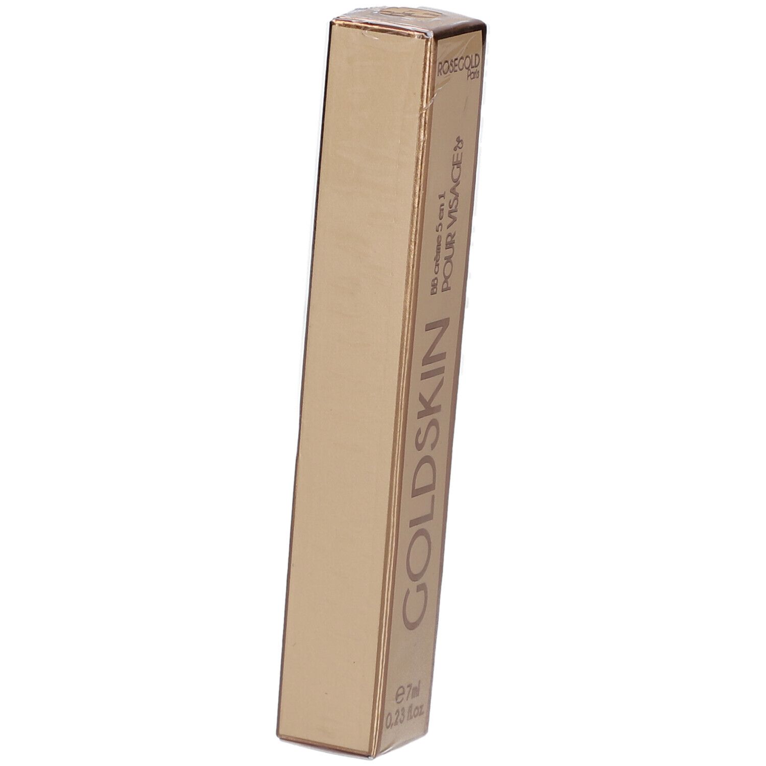 Goldskin-Verpackung, goldfarben, rechteckig. Aufschrift: GOLDSKIN, BB crème 5 en 1 POUR VISAGE, 7ml.