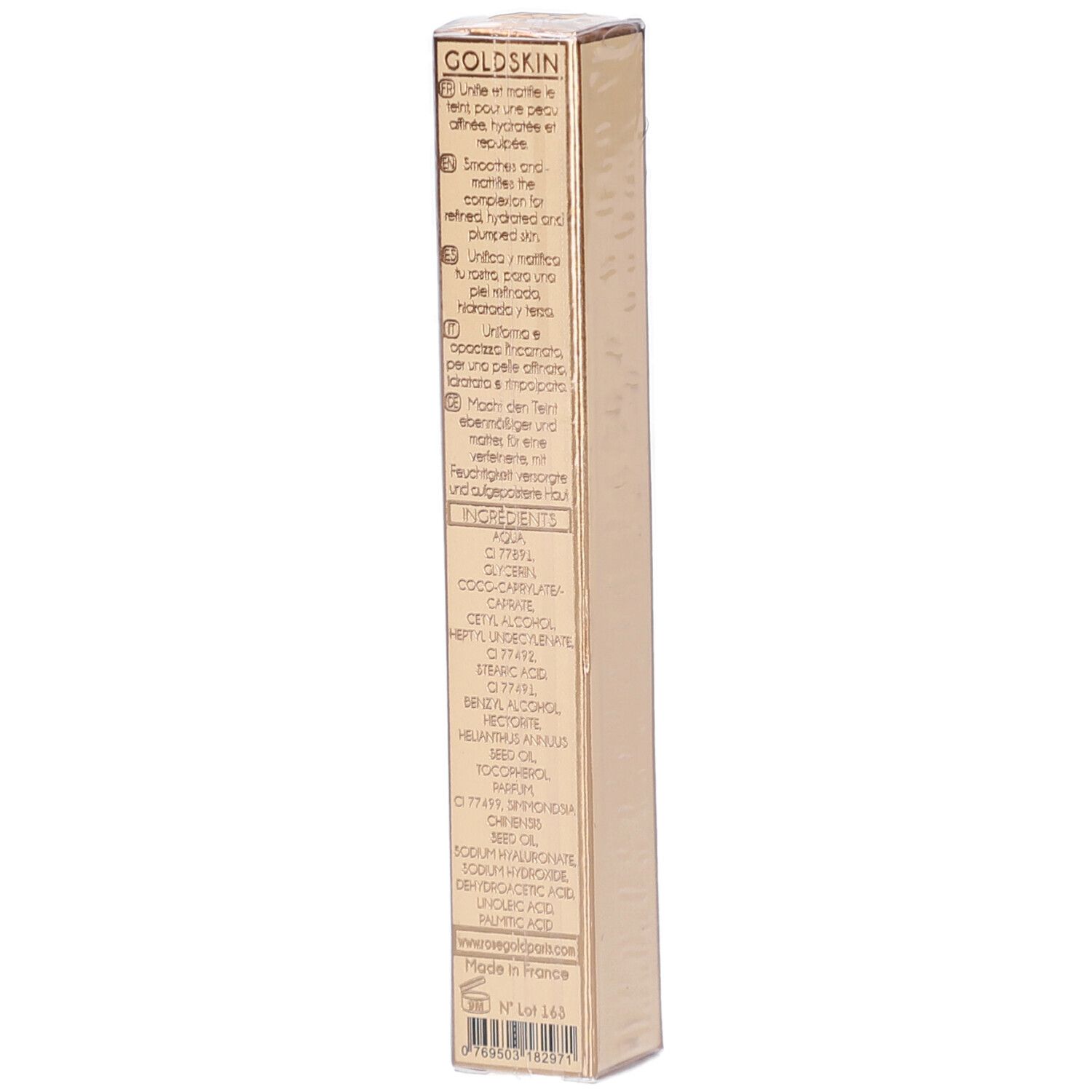 Goldskin-Verpackung, goldfarben, rechteckig. Rückseite mit Inhaltsstoffen und Anweisungen in mehreren Sprachen.