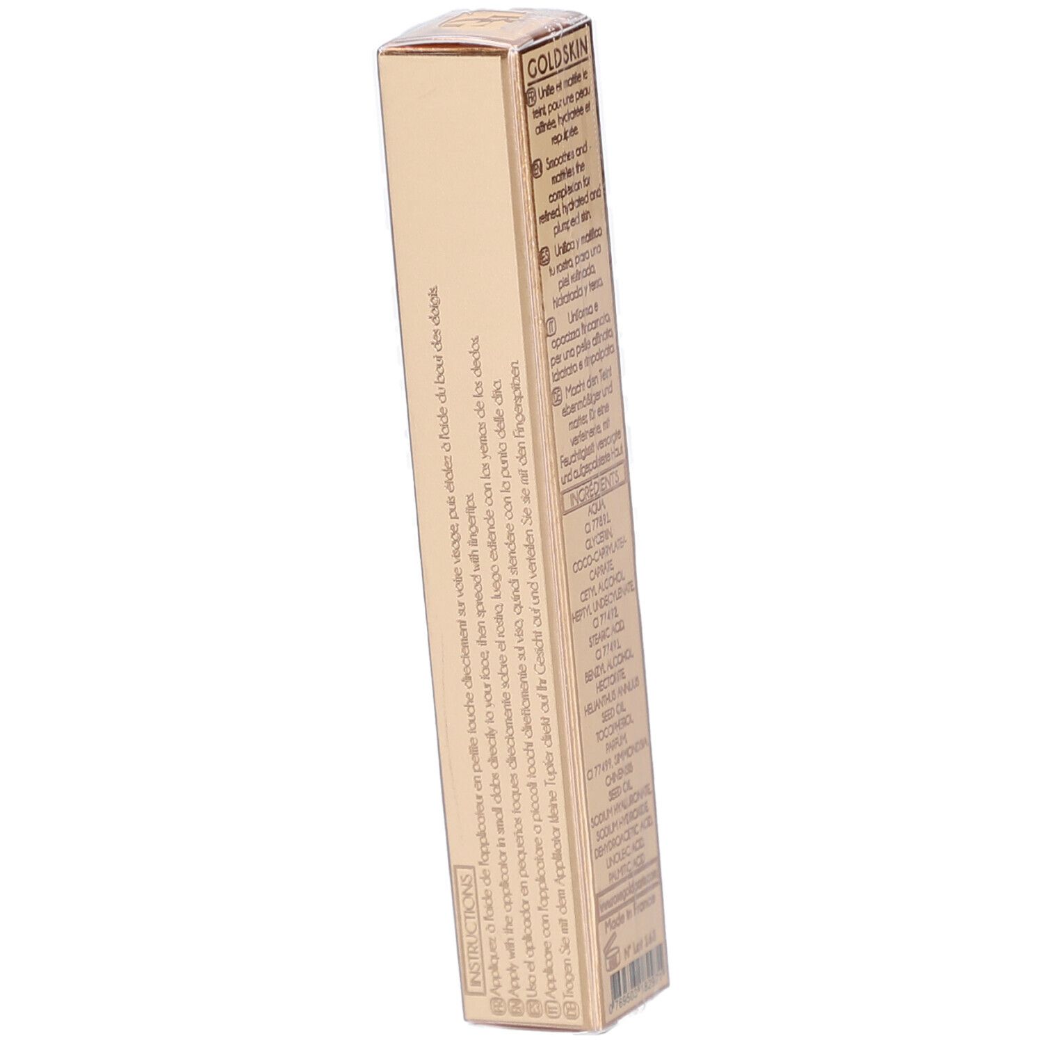 Goldskin-Verpackung, goldfarben, rechteckig. Rückseite mit Anweisungen in mehreren Sprachen.