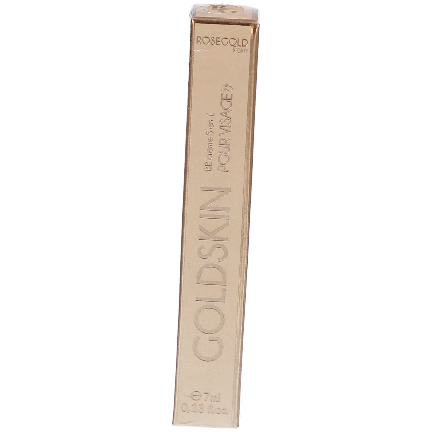 Goldskin-Verpackung, goldfarben, rechteckig. Aufschrift: ROSEGOLD, GOLDSKIN, BB crème 5 en 1 POUR VISAGE, 7ml.