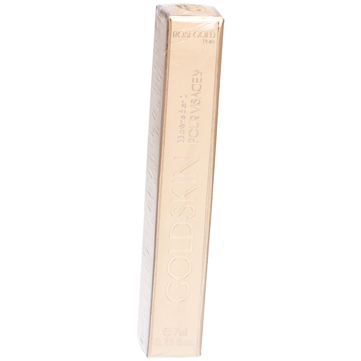 Goldskin-Verpackung, goldfarben, rechteckig, in Folie eingeschweißt. Aufschrift: ROSEGOLD, BB crème 5 en 1 POUR VISAGE, 7ml.