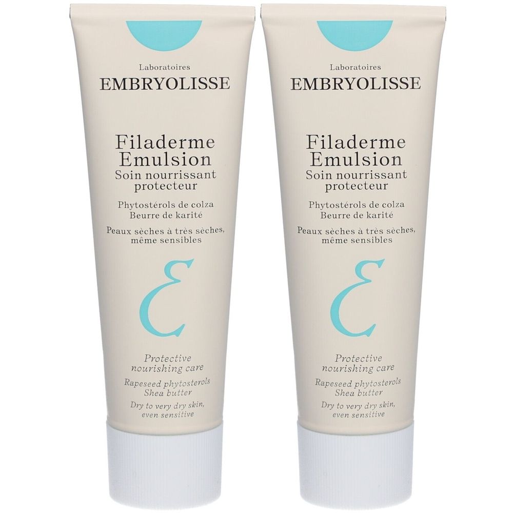 Zwei Tuben Filaderme Emulsion. Aufschrift: Embryolisse, Filaderme Emulsion, Soin nourrissant protecteur. Für trockene bis sehr trockene Haut.