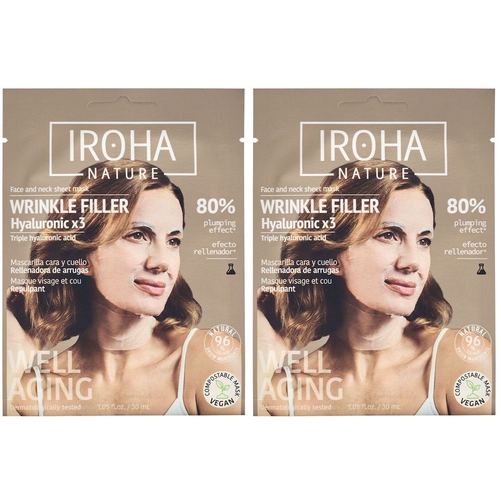 Zwei identische Gesichtsmasken-Verpackungen. Aufschrift: IROHA NATURE, WRINKLE FILLER, Hyaluronic x3. Vegan-Siegel.