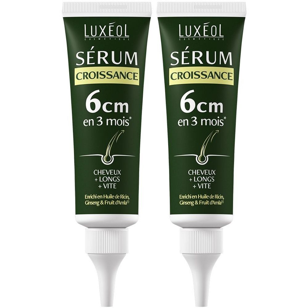 Deux tubes verts avec bouchon blanc. Inscription: LUXÉOL Sérum Croissance, 6cm en 3 mois. Pour cheveux longs et vite.
