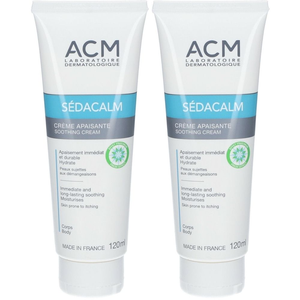 Zwei Tuben ACM Sédacalm Crème Apaisante. Weiße Tuben mit blauer Beschriftung. Text: Sédacalm, Crème Apaisante, 120ml.