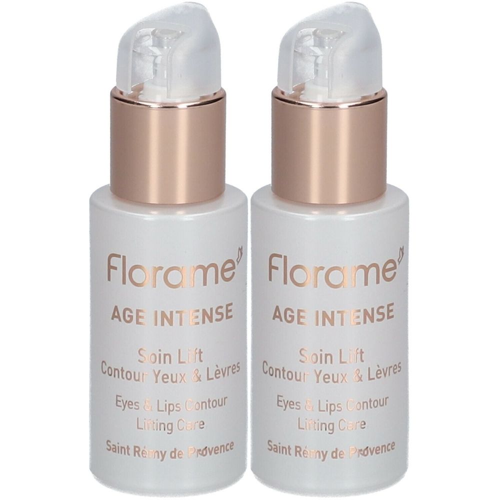 Zwei weiße Flaschen mit roségoldenen Verschlüssen. Aufschrift: Florame AGE INTENSE Soin Lift Contour Yeux & Lèvres.