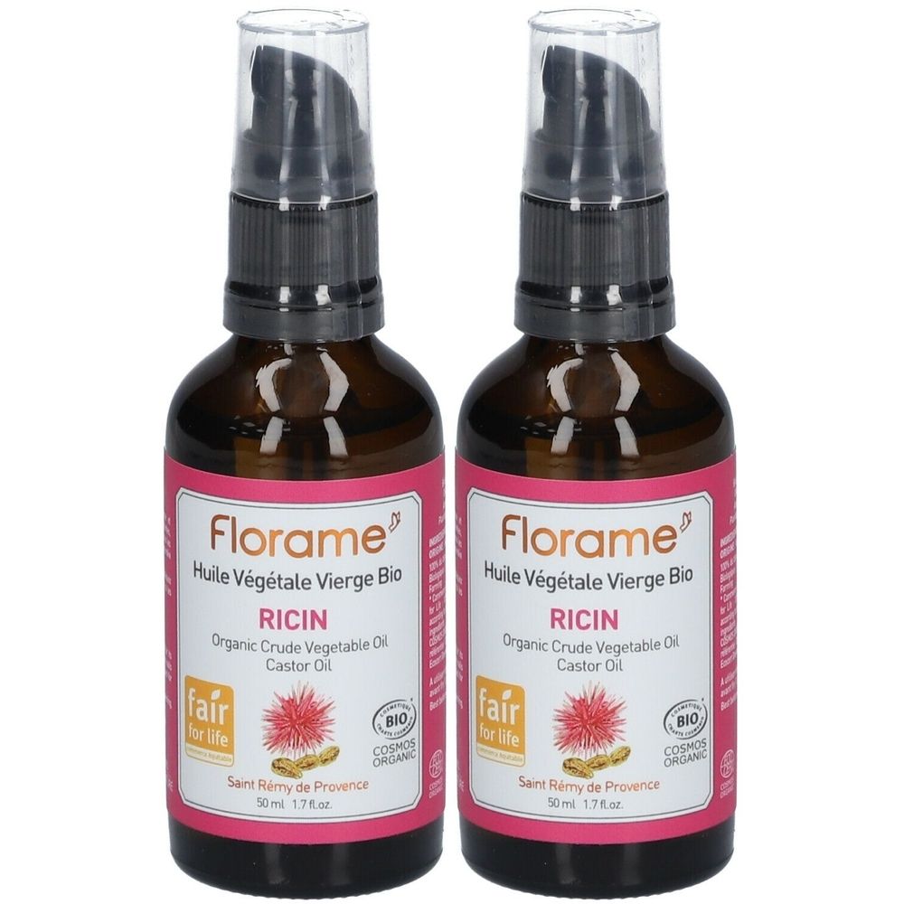 Zwei Flaschen mit braunem Glas und rosa Etikett. Auf dem Etikett steht "Florame Huile Végétale Vierge Bio Ricin". Mit Spender.