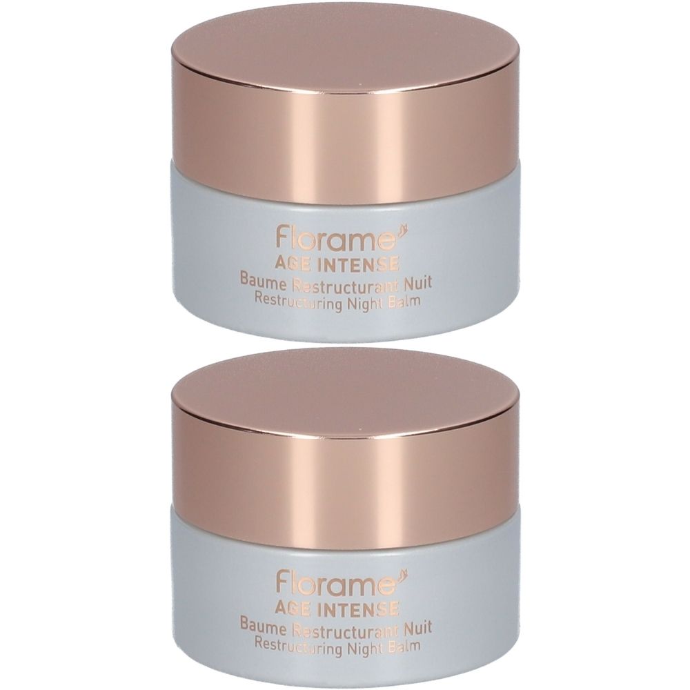 Zwei Tiegel mit roségoldfarbenen Deckeln und hellgrauen Behältern. Aufschrift: Florame AGE INTENSE Baume Restructurant Nuit.