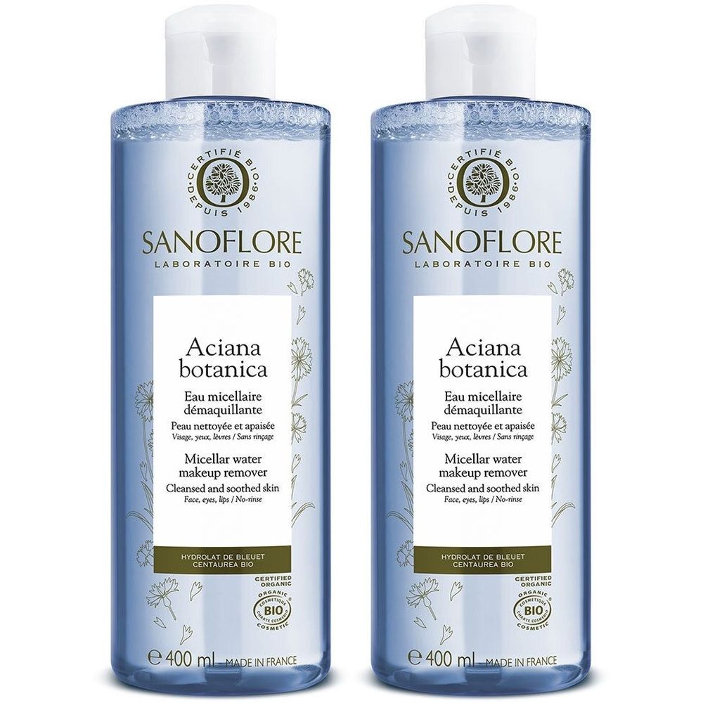 Zwei Flaschen SANOFLORE Aciana botanica Mizellenwasser. Blaue Flaschen mit weißem Deckel und Etikett. Bio-Zertifizierung.