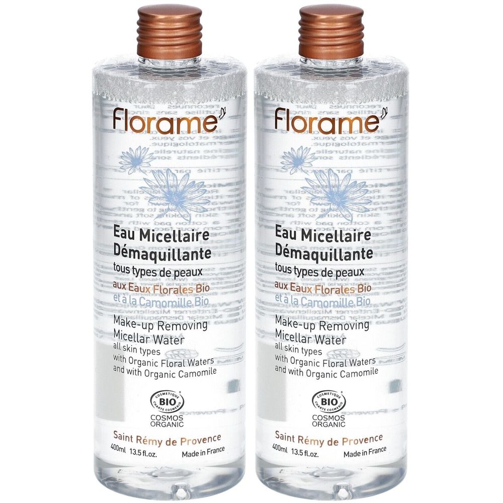 Zwei Flaschen Mizellenwasser. Klare Flüssigkeit, brauner Deckel. Aufschrift: Florame, Eau Micellaire Démaquillante, Cosmos Organic.