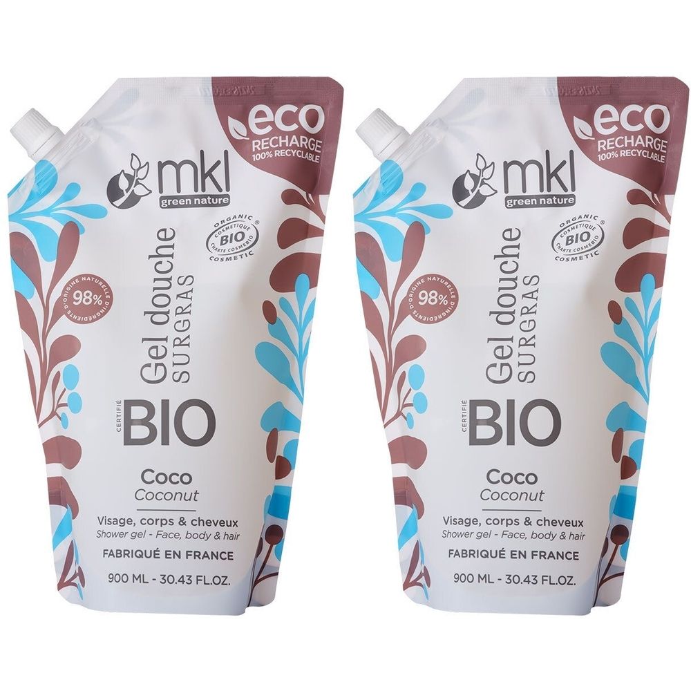 Zwei Nachfüllbeutel mit Aufschrift 'Gel douche surgras BIO Coco Coconut'. Mit Bio-Zertifizierung und 98% natürlichen Inhaltsstoffen.