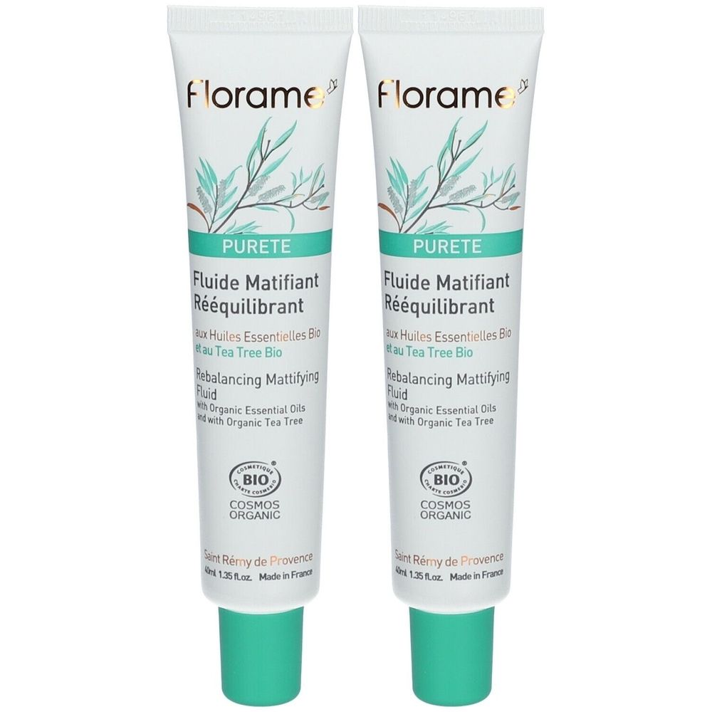 Zwei Tuben Florame PURETE Fluide Matifiant Rééquilibrant. Weiß mit grünen Akzenten. Text: PURETE, Fluide Matifiant Rééquilibrant, Bio-Zertifizierung.