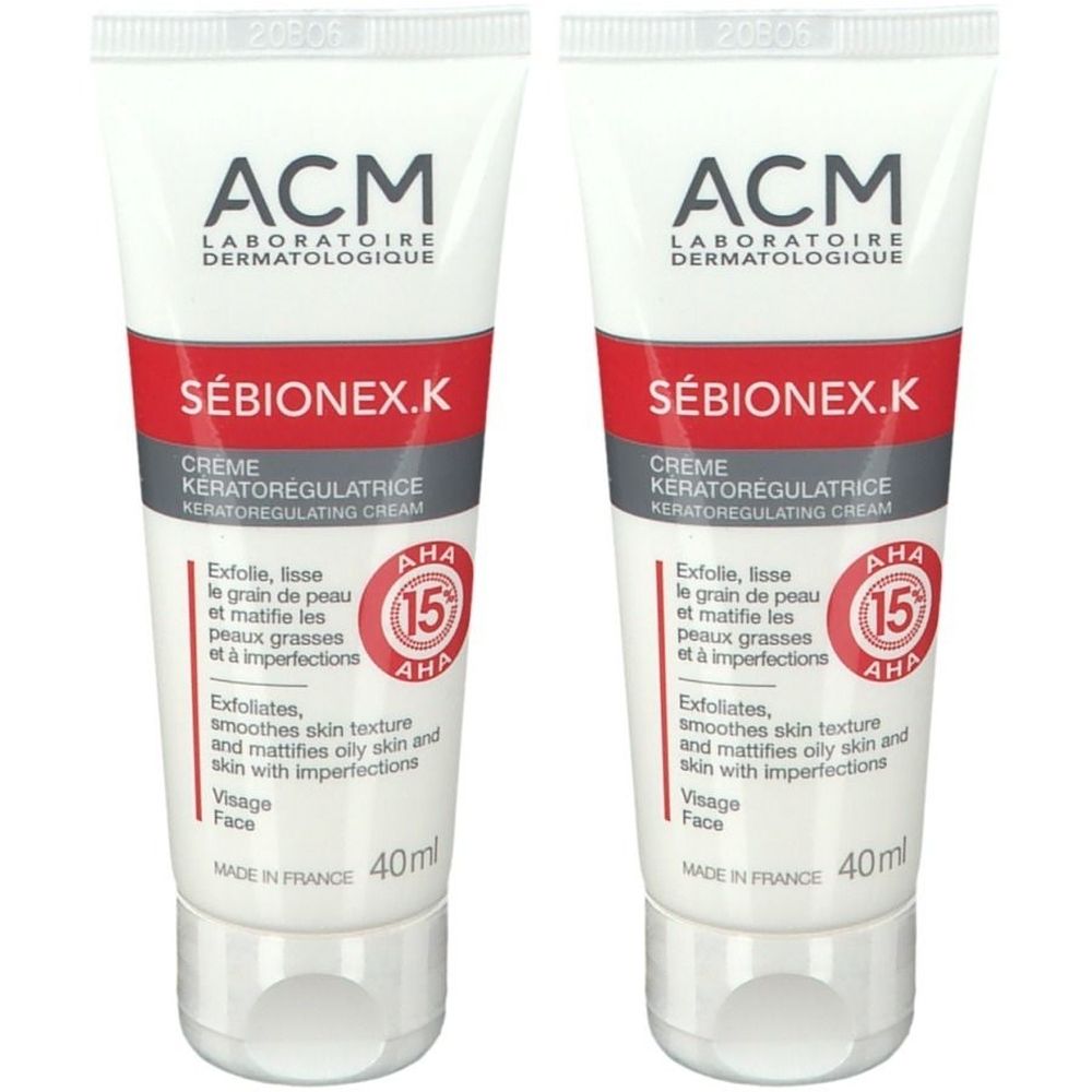 Zwei Tuben ACM SÉBIONEX.K Creme. Weiß, mit rotem Streifen und Text. Enthält AHA 15. 40ml. Hergestellt in Frankreich.
