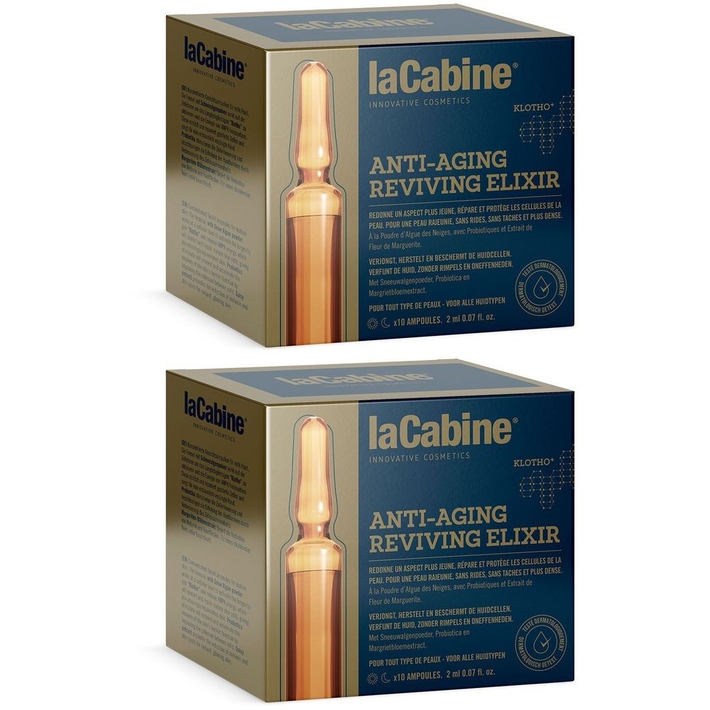 Zwei Schachteln mit Ampullen. Aufschrift: LaCabine Anti-Aging Reviving Elixir. Goldfarbene Ampulle in einer Schachtel.