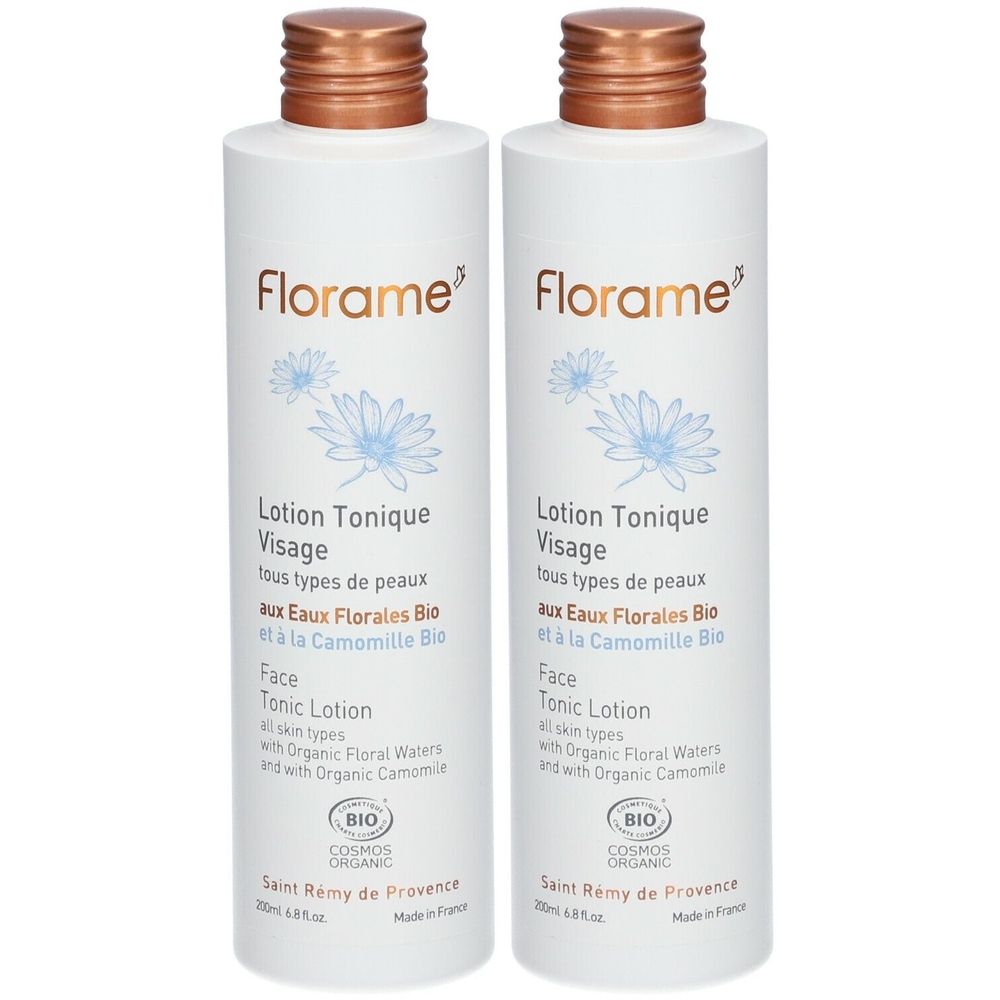 Zwei weiße Flaschen mit braunen Deckeln. Aufschrift: Florame, Lotion Tonique Visage, BIO COSMOS ORGANIC. Französische und englische Texte.