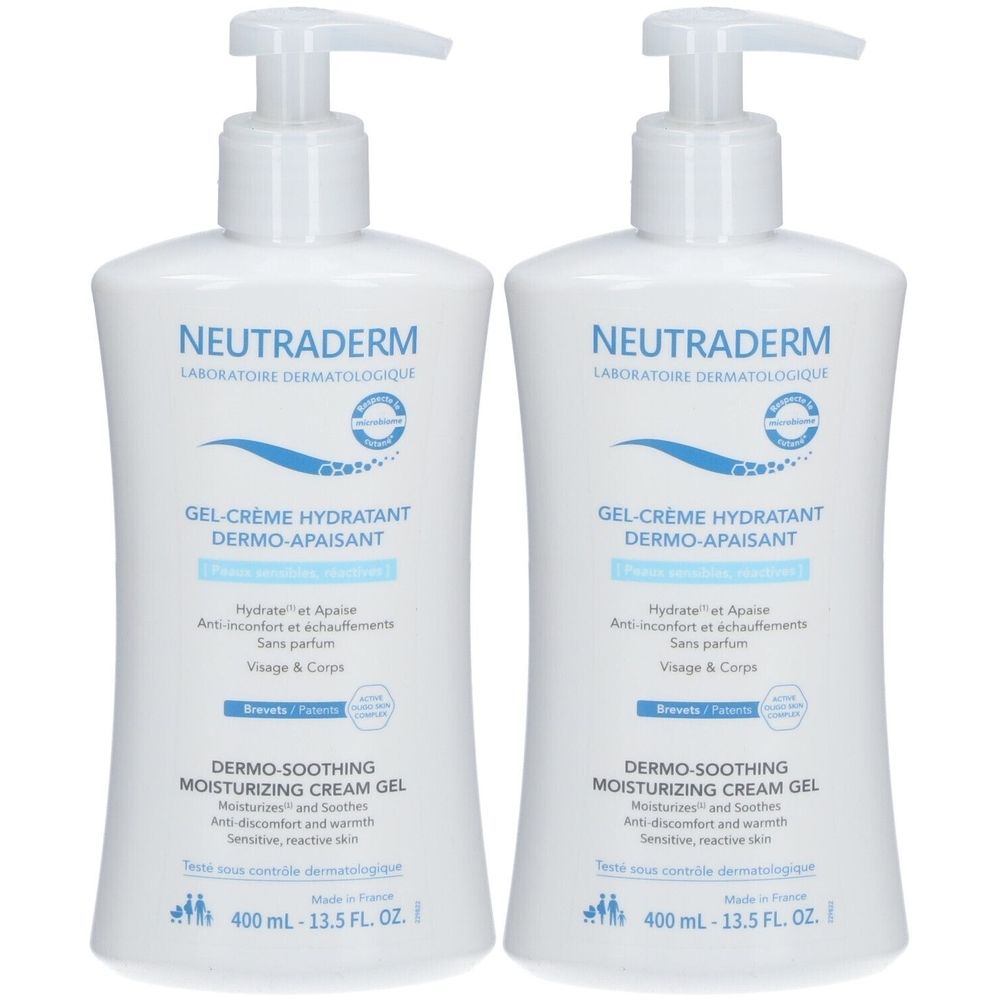 Zwei weiße Flaschen mit Pumpaufsatz. Aufschrift: NEUTRADERM, GEL-CRÈME HYDRATANT DERMO-APAISANT. Text in Französisch und Englisch. Volumen: 400 ml.