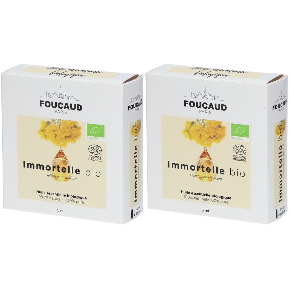 Zwei weiße Kartons mit Aufdruck. Aufschrift: FOUCAUD PARIS, Immortelle bio, Huile essentielle biologique, 100% naturelle 100% pure. Bio-Siegel.