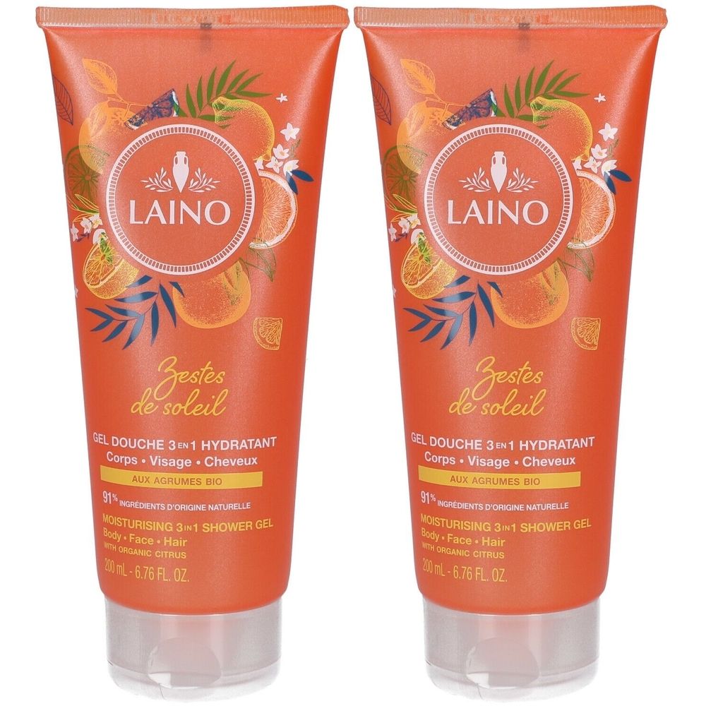 Zwei orangefarbene Tuben mit LAINO-Logo und Produktbezeichnung. Aufschrift: Zestes de soleil, Duschgel 3 in 1, mit Bio-Zitrusfrüchten.