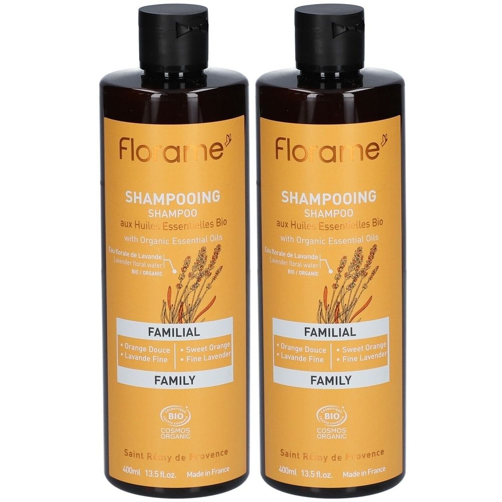 Zwei braune Flaschen Shampoo. Aufschrift: Florame, Shampooing, Familial. Mit Bio-Zertifizierung. Enthält ätherische Öle. Schwarzer Deckel.