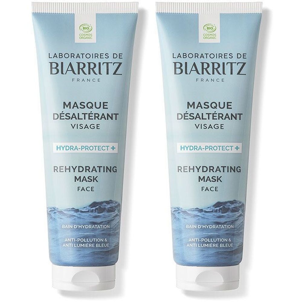Zwei Tuben Gesichtsmaske. Hellblau, mit weißer Schrift. Aufschrift: Laboratoires de Biarritz, Masque Désaltérant Visage, Hydra-Protect+.