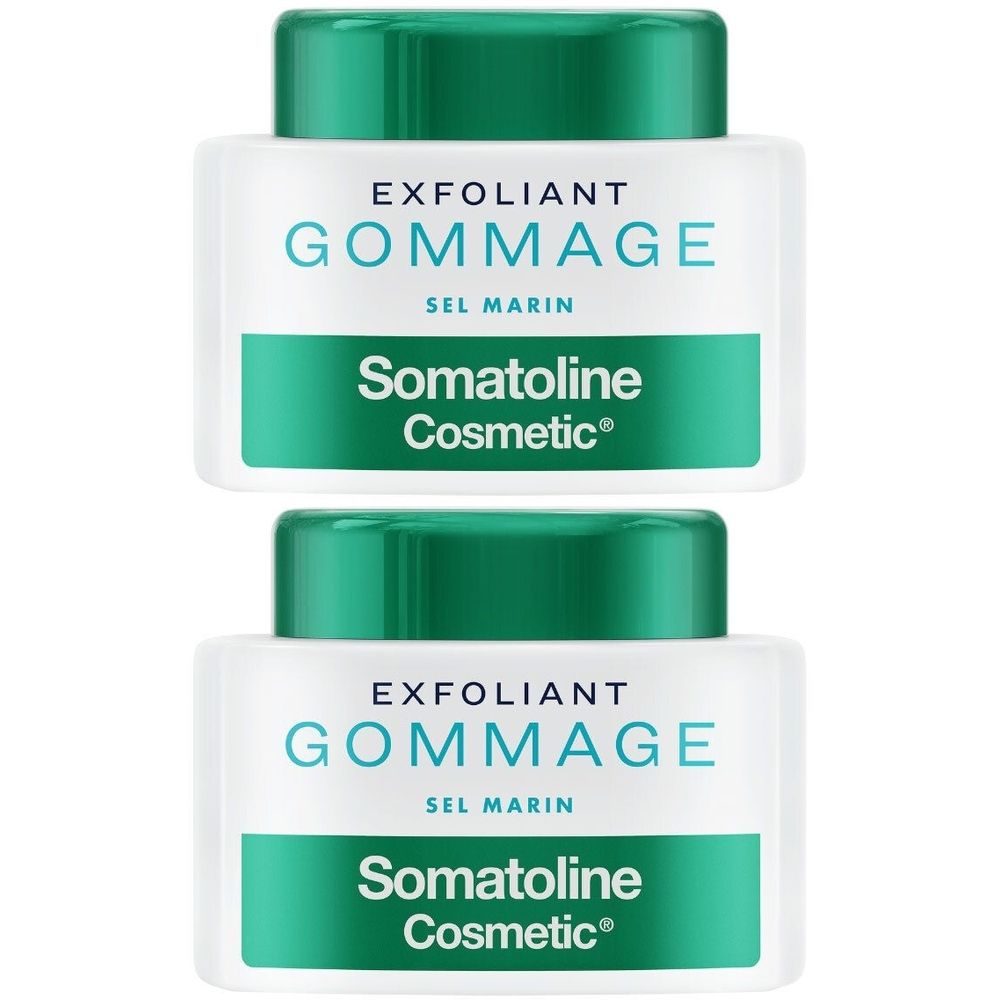 Zwei weiße Tiegel mit grünem Deckel. Aufschrift: EXFOLIANT GOMMAGE SEL MARIN. Marke: Somatoline Cosmetic®.