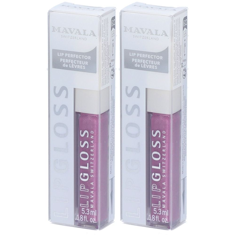 Zwei Mavala Lipgloss-Verpackungen mit je 5,3 ml Inhalt. Der Lipgloss ist in einer durchsichtigen Flasche mit silbernem Deckel.
