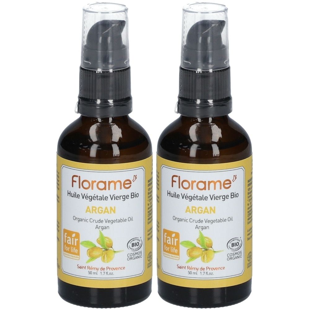 Zwei Flaschen mit braunem Glas und schwarzem Pumpverschluss. Auf den Etiketten steht "Florame Huile Végétale Vierge Bio Argan".