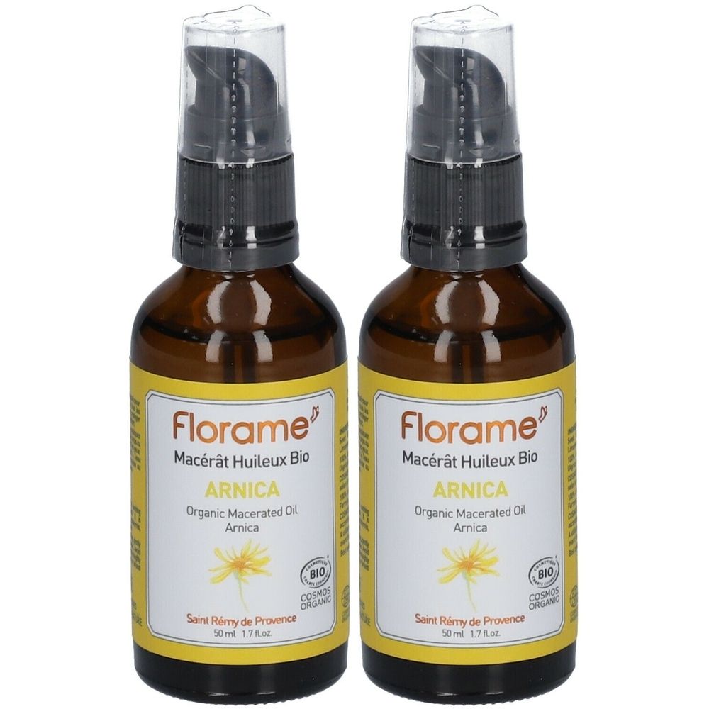 Zwei braune Glasflaschen mit schwarzem Pumpverschluss. Etikett mit Produktnamen, Inhaltsstoffen und Bio-Siegel. Aufschrift: Florame, Arnica.