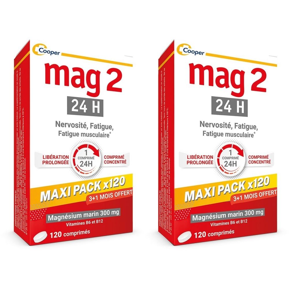MAG 2 - 24H - Maxi Pack Promo 4 Monate - Nahrungsergänzungsmittel mit Magnesium, Vitamin B6 und B12 - Anti-Nervosität und Anti-Müdigkeit - 3+1 Monat geschenkt - 120 Tage Programm - 120 Tabletten mit verlängerter Wirkstofffreisetzung