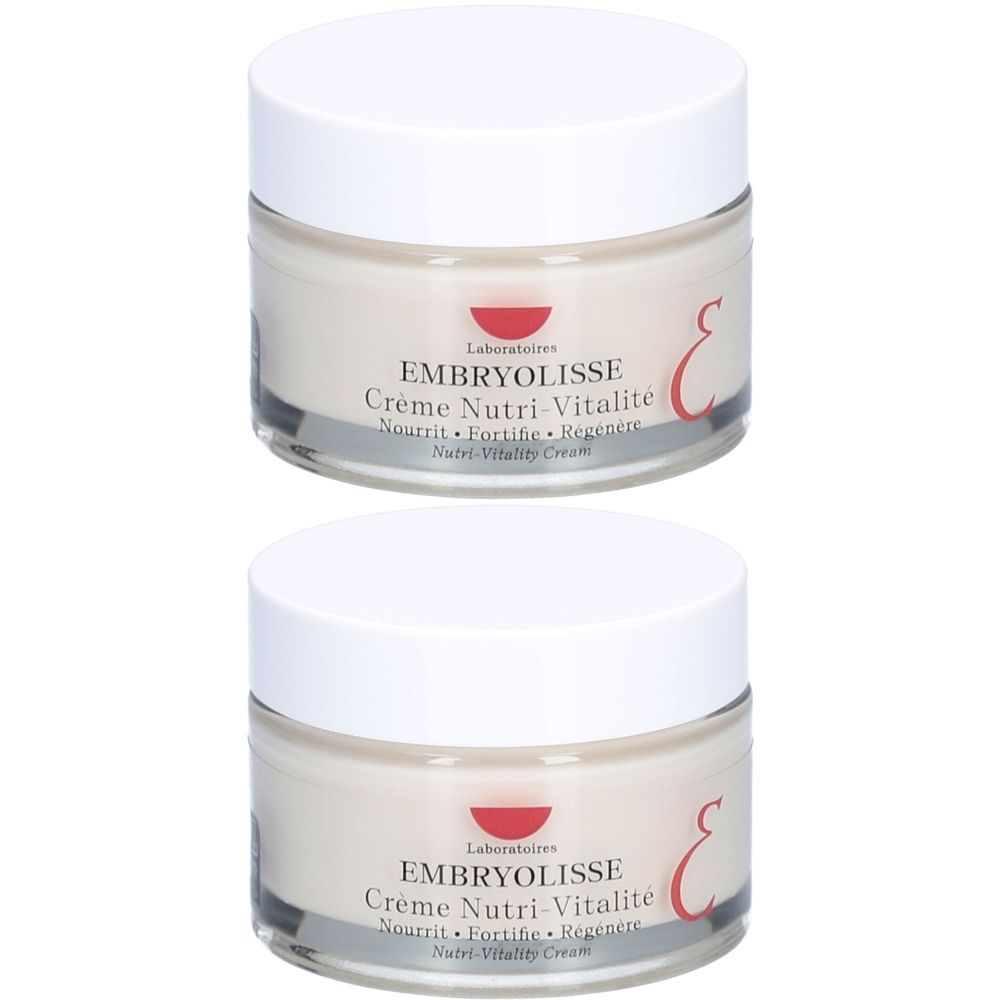 Zwei Cremetiegel mit weißem Deckel. Auf den Tiegeln steht „EMBRYOLISSE Crème Nutri-Vitalité“. Die Tiegel haben einen Glasbehälter.