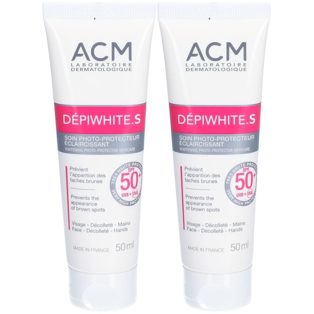 Zwei Tuben mit weißer Aufschrift. Aufschrift: ACM, Dépiwhite.S, SPF 50+. Verhindert das Auftreten von braunen Flecken. 50ml.