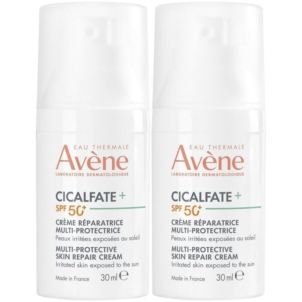 Deux flacons blancs "Avène Cicalfate+". Texte: Crème Réparatrice Multi-Protectrice SPF50+. 30 ml. Fabriqué en France.