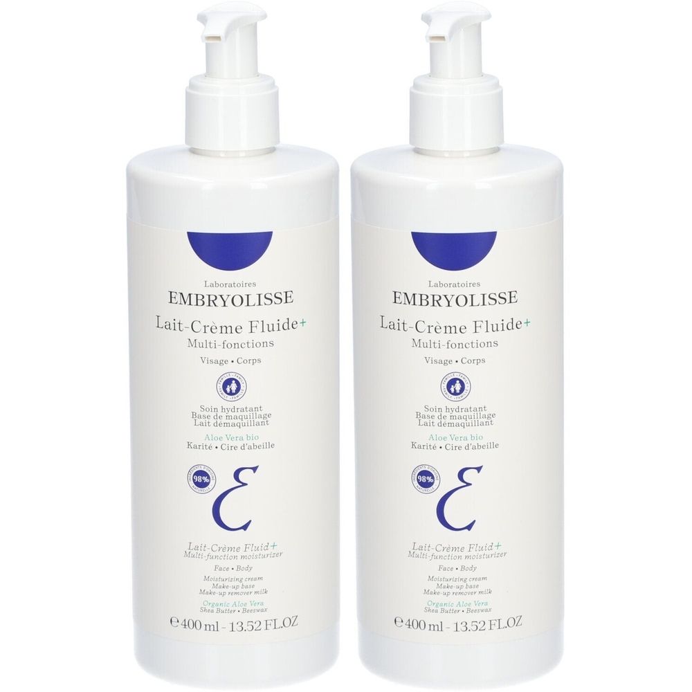 Deux flacons blancs avec pompe. Inscription: EMBRYOLISSE Lait-Crème Fluide+ Multi-fonctions. Accents bleus et texte.